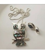 Sterling Silver and Abalone Owl Pendant with chain &amp; Earrings - $2,216.11 MXN