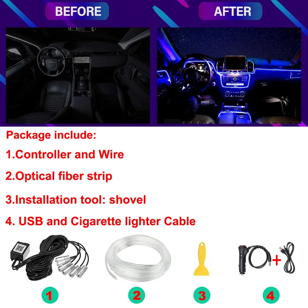 Play 6IN1 8M RGB LED Atmosphere Car Interior Ambient Light Fiber Optic Strips Li - £39.50 GBP