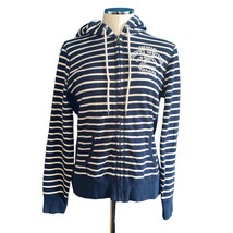 Lucky Brand Navy Blue Striped Zip Up Embroidered Knit Track Hoodie Size Large - £26.09 GBP