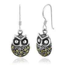 Boho Vintage Owl Sterling Silver and Marcasite Animals Dangle Earrings - £12.52 GBP