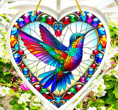 &quot;8-Inch Stained Glass-Style Hummingbird Heart Suncatcher - Vibrant - £18.14 GBP