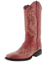 Womens Red Western Cowboy Boots Silver Studs Stitched Square Toe Size 5, 5.5 - £64.73 GBP