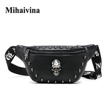 Ihaivina waist bag for men pu leather fanny pack punk skull rivet chest bags unisex hip thumb200