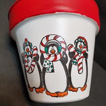 Hand-painted Terra Cotta Planter, 4", Red Christmas Plant Pot Holiday Penguins image 8