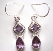 Small Faceted Amethyst Square 925 Sterling Silver Dangle Drop Earrings - £14.38 GBP