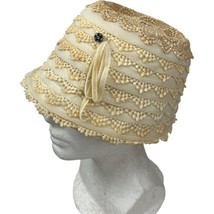 Haggarty&#39;s Women&#39;s Cloche Straw Hat Eyelet Summer Beige Ribbon Vintage 1... - £18.34 GBP