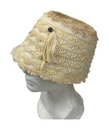 Haggarty&#39;s Women&#39;s Cloche Straw Hat Eyelet Summer Beige Ribbon Vintage 1... - £18.14 GBP