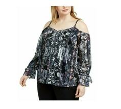 INC Womens Plus Size 1X Black Multicolor Cold Shoulder Lined Blouse Top ... - $8.82