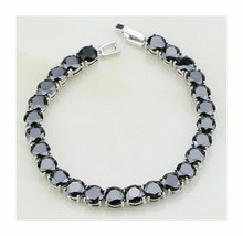14K White Gold Plated Round Cut 4mm Lab-Created Black Onyx Tennis Bracelet 7&quot; - £115.12 GBP