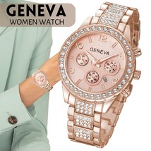 &quot;GENEVA&quot; Waterproof Women Luxury Classic Stainless Steel Crystal Quartz Round Wr - $43.99