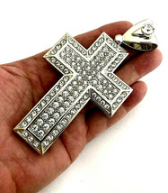 Large 14k White Gold Plated Lab-Created Diamond Jesus Cross Crucifix Pendant - £15.91 GBP
