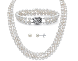 Genuine Cultured Pearl 3 Piece Floral Accent Stud Earrings Necklace Bracelet - £231.26 GBP