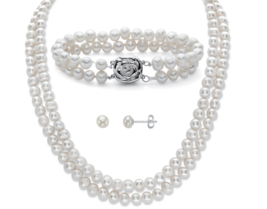 Genuine Cultured Pearl 3 Piece Floral Accent Stud Earrings Necklace Bracelet - £228.41 GBP