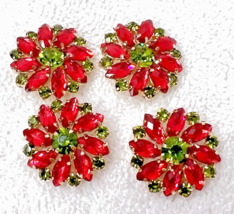 4 Watermelon Pink &amp; Alvacado Green Rhinestone Buttons 1&quot; Flower Shaped B... - $12.38