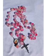Blush Petal Devotion – Pink Frosted Rosary with Rose Crucifix &amp; Sacred H... - $29.69