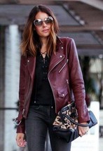 Women Leather Cropped Jacket Handmade Burgundy Moto Leather Winter Jacket - £79.92 GBP