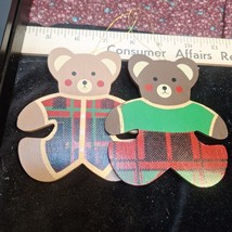 2 Vintage Teddy Bear In Plaid Clothes Wood Ornaments Christmas Made In T... - £5.70 GBP