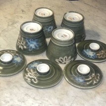 Lot Of 4 Vintage Green Floral Stoneware Pottery Rice Bowl / Tea Cup W/ L... - £21.67 GBP