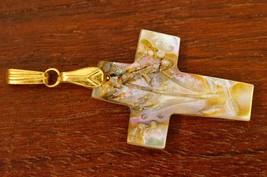Vintage Costume Jewelry Carved Shell MOP Christian Cross Necklace Pendant - $12.86