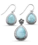 Sterling Silver Pear Shape Natural Larimar Flower Pendant &amp; Earring Set - €95,23 EUR