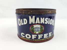Old Mansion Coffee Tin Richmond Virginia VA Blue tin 1 Pound -missing lid - $39.59