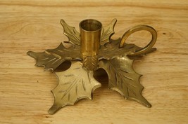 Vintage Brass Christmas Chamberstick Candleholder Holly Leaf Design India 1970s - $28.55