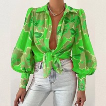 Spring Fashion Women Shirt Lantern Long Sleeves Casual Solid Color Printed Slim  - £40.14 GBP