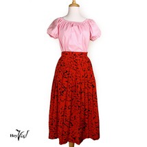 Vintage Full Mid Calf Day Skirt w Dashing Red &amp; Black Pattern Waist 29&quot;-... - £22.38 GBP