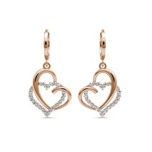 14k Solid Rose Gold 1.20Ct Diamond Open Heart Dangle Huggie Hoop Earrings - $202.95