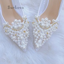 Women&#39;s Wedding Shoes Pearl Mesh Embroidery Rhinestone Bridal Pumps Summer Point - £134.10 GBP