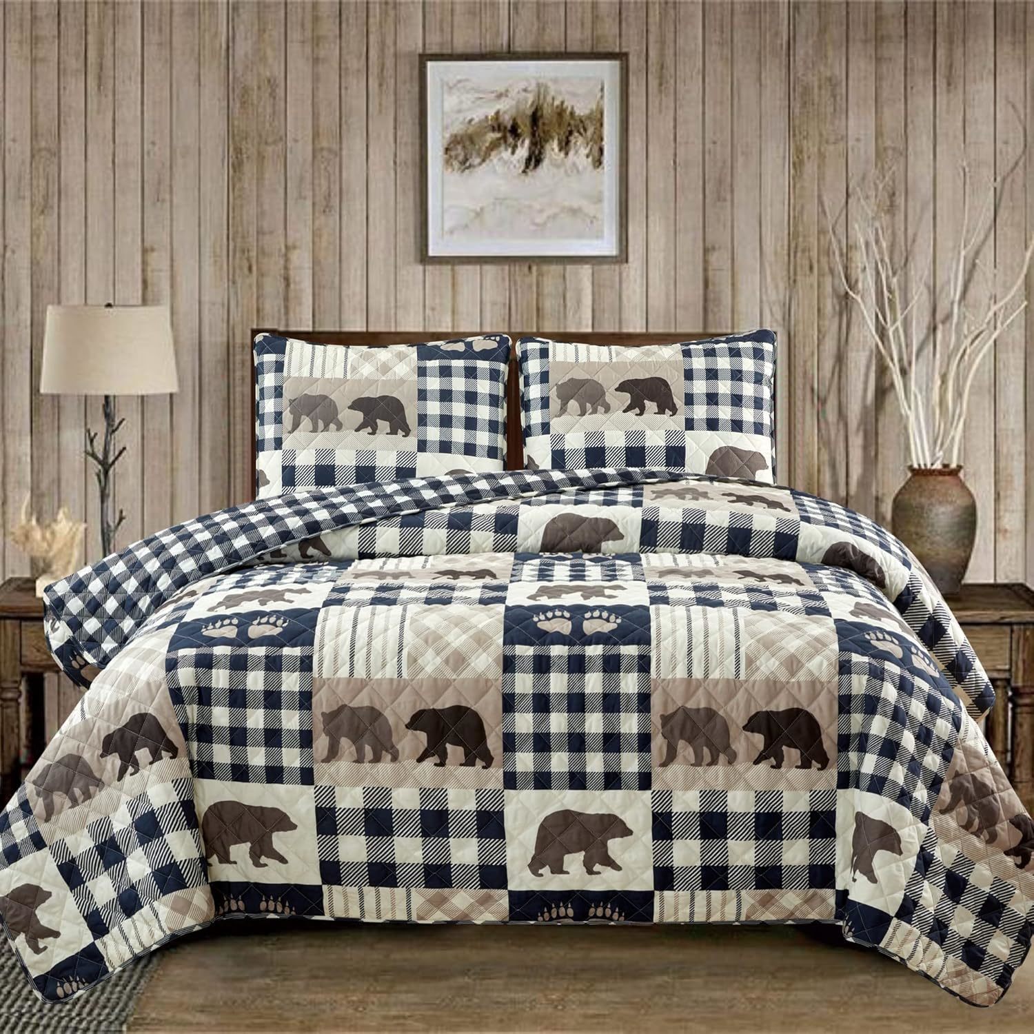 2 Piece Reversible Quilt Set With Sham | Twin Cabin Comforter Set | Rustic Bear