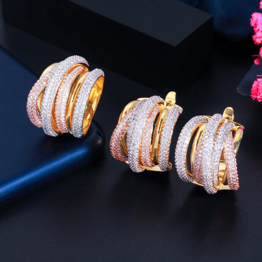 Luxury 3 Tone Gold African CZ Stone Multiple Circles Cross Hoop Earrings... - $49.65