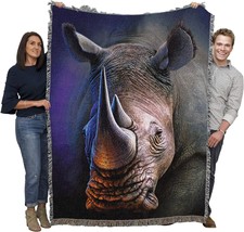 White Rhino Blanket By Jerry Lofaro -- Woven Cotton Rhinoceros Gift Tapestry - £61.62 GBP