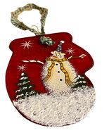 Red Glass Mitten WELCOME Christmas Ornament Painted Snowman Gingham Ribb... - €8,65 EUR