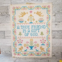 Vintage Sampler Embroided Cross Stitch “A True Friend Is A Gift Of God” Angels  - £9.88 GBP