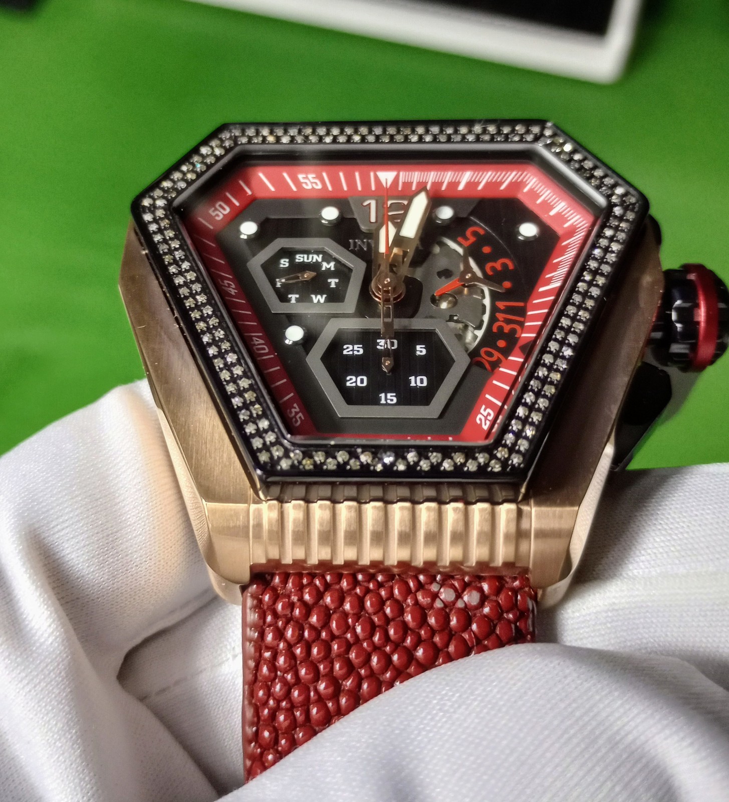 Primary image for invicta men rose gold diamond shape swiss watch with genuine stingray red band