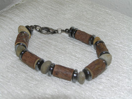 Estate Shades of Brown Wood Barrel Bead &amp; Stone Nugget with Hematite Spacer Disk - £6.21 GBP