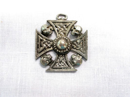 Celtic Maltese Iron Cross With Skulls Vintage Cast Pewter Pendant Necklace - £7.98 GBP