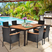 Patiojoy 7PCS Patio Rattan Dining Set Armrest Cushioned Chair Wooden Tabletop - £616.49 GBP