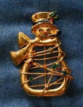 Festive Vintage Mid Century Modern Rhinestone Gold-tone Snowman Christmas Brooch - £11.72 GBP