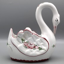 Portugal Pottery Swan Planter Candy Dish Trinket Hand Painted Pink Flowe... - $22.79