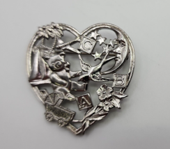 Vtg Avon Silver Tone Sweet Memories Heart Brooch Pin - Bear ABC Blocks Toys - £11.55 GBP