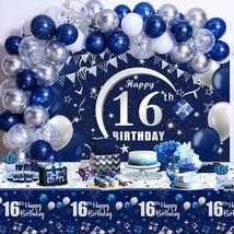 Navy Blue 16Th Birthday Decorations For Boys And Girls, Happy 16Th Birthday Back - £30.84 GBP
