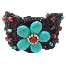 Handmade Turquoise&amp;Coral Flower Wrist Pull Bracelet - £13.44 GBP