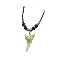 2 LARGE SHARK TOOTH PENDANT ON BLACK ROPE NECKLACE W SILVER BEADS men wo... - £9.44 GBP
