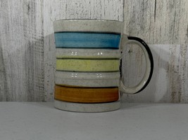 Vintage Japan Ceramic Coffee Mug Hand Painted Striped Blue Yellow Orange Cup - £6.99 GBP