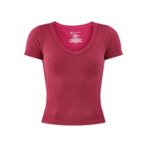 No Boundaries Juniors&#39; V-Neck Short Sleeve Seamless Tee, Plum Size XS(1) - $12.86