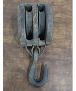 Vtg Antique Wood &amp; Iron Double Wheel Block &amp; Tackle Farmhouse Decor Barn... - $58.41