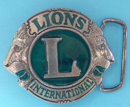 Vintage LIONS CLUB Metal Green Enameled Belt Buckle Logo Mens - £19.81 GBP