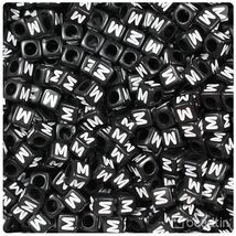BeadTin Black Opaque 6mm Cube Plastic Alphabet Beads- White Letter M (80... - $2.09